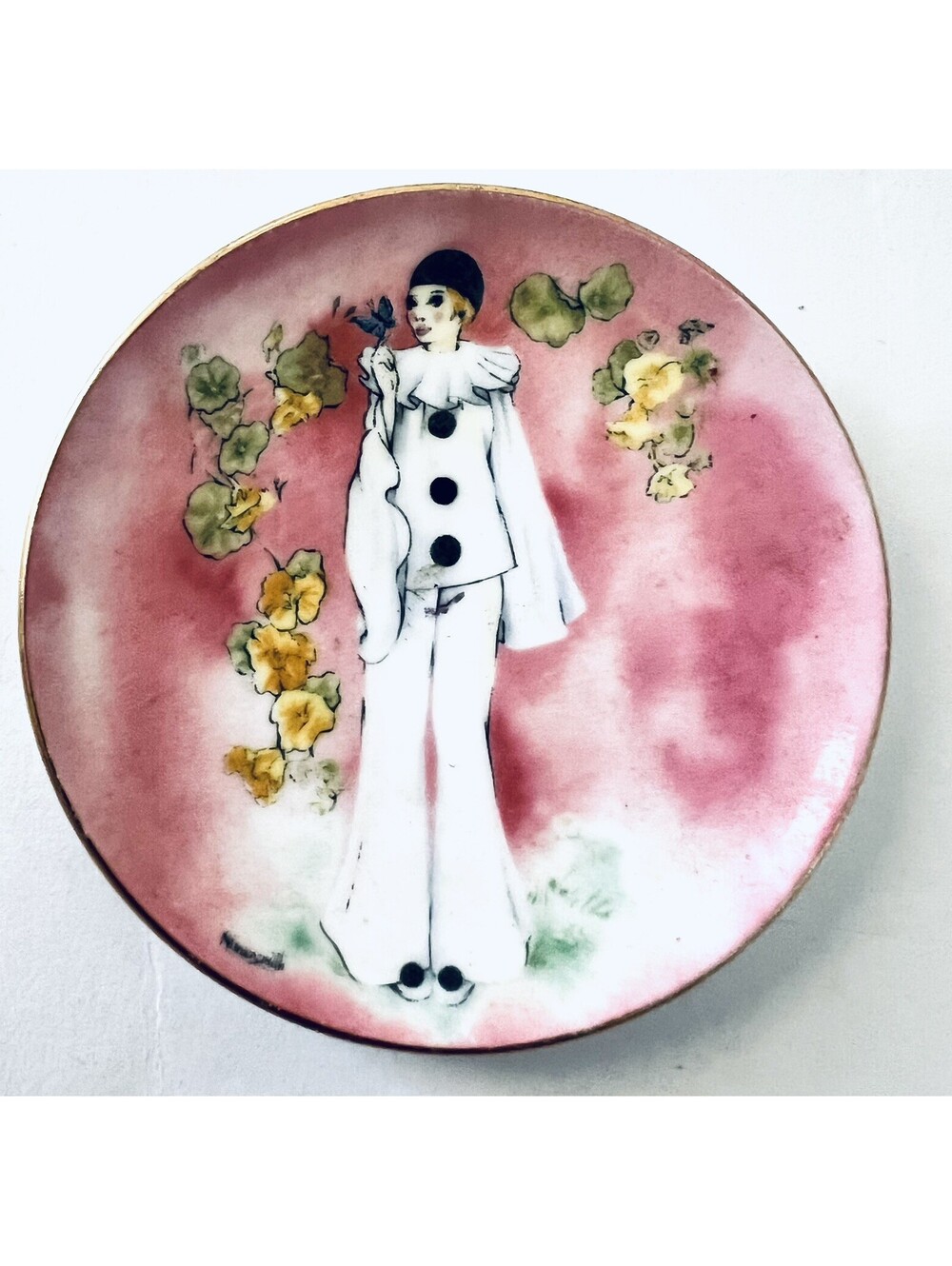 Vintage Coalport Pierrot Clown Mini Plate No 15 Pink Gold Trim England 3in
